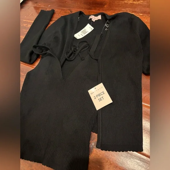 FAME NWT Two Pc Set Black Women's Cardigan & Top, Medium - Picture 2 of 6